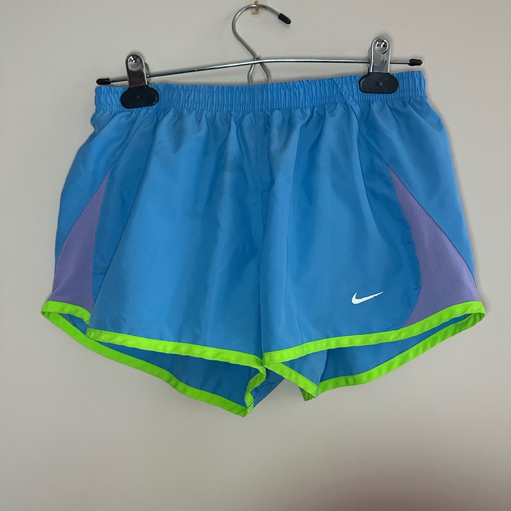 Nike Light Blue Running Shorts with Purple Panels and Lime Trim